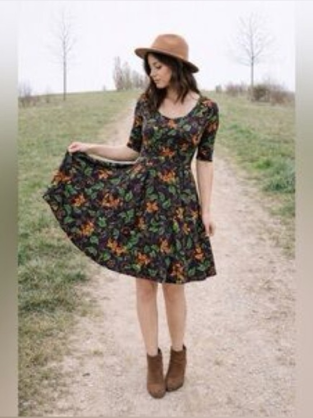 Lularoe Nicole Midi Dress Green Orange Floral Print Small